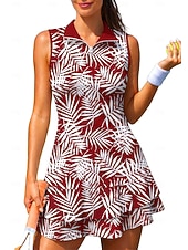 cheap Women's Tennis Dress-Women's Trees / Leaves Floral Botanical Tennis Dress Sports Dress Sleeveless Floral Breathable Tennis Golf Badminton Polo Collar Zip Collar Dress Black with White Wine Navy Blue Tennis Clothing