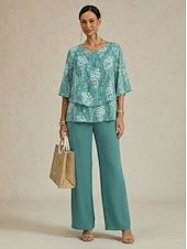  Set pantaloni florali din șifon cu mânecă jumătate, guler rotund, pentru femei, pentru nunți și ocazii elegante