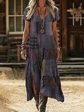 Недорогие Этническое бохо платье-Жен. Длинное платье Платье в стиле бохо Повседневное платье Платье A-силуэта Платье с принтом Винтаж на открытом воздухе Отпуск выходные Свободное облегание Графика Контрастных цветов