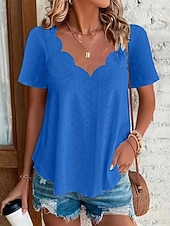 cheap Plain Blouses-Women's Pointelle Shirt Eyelet Top Blouse Eyelet Plain Active Basic Casual Short Sleeve V Neck Regular Tops Casual Daily Beach Black White Yellow Pink Wine Summer Spring