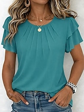 voordelige Effen t-shirt-Dames T-shirt Met ruches Effen Elegant Modieus Stijlvol Korte mouw Strakke ronde hals Normale tops Dagelijks Uitgaan Weekend Zwart Wit Marineblauw Groen Abrikoos Zomer Lente