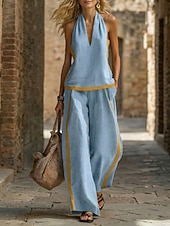 abordables Conjuntos-Mujer Conjunto con tacto de lino Conjuntos de pantalones Sin Mangas Cuello halter Color sólido Moda Ropa de calle Casual Diario Exterior Azul Piscina Caqui Gris Verano Holgado