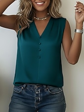  Pentru femei Top din satin Bluză Nasturi Culoare solidă Stilat De Bază Casual Fără manșon În V Topuri obișnuite Casual Zilnic Albastru piscină Alb Bleumarin Kaki Caisă Vară Primăvară