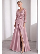 economico Abiti da Sera a Linea A-Linea ad A Lunghezza al pavimento Abito da Sera Abito formale Elegante Matrimonio informale / diurno Manica Lunga Scollo a V Matrimonio Formale Raso con Fiori 3D Pieghe Spacco