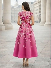 cheap Cocktail Dresses-A-Line Ankle Length Tea Length Cocktail Dresses Elegant Vintage Floral Short Sleeve V Neck Garden Party Wedding Pink Dress Satin Tulle with Embroidered Flower Pleats Embroidery