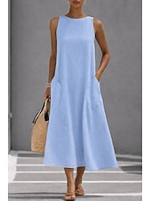 economico Abiti casual bianchi-Per donna Abito Midi Vestito Estivo Abito Bianco Abito da laurea Elegante Moda Classico Vacanza Vestibilità comoda Semplice Senza Maniche Girocollo Nero Bianco Giallo Grigio Estate Primavera