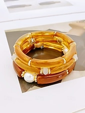 billige Damearmbånd-Bohemsk 3-delt armbåndssett i akryl for kvinner, elastiske, stabelbare armbånd, perfekt for strandferie, hverdagsbruk og sommertilbehør