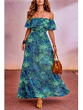 baratos Vestidos Florais-Vestido longo feminino de chiffon, modelo tubinho, estilo evasê, com ombros à mostra, ideal para férias, festas na praia, casamentos, modelagem padrão, estampa floral, sem mangas, nas cores azul e