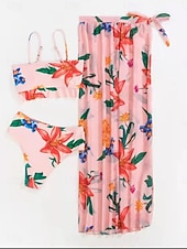 preiswerte 3-teiliges Bikini-Set-Damen Badeanzug Bikini Dreiteilig Slips Bademode Gerafft Urlaub Strandbekleidung Blumen Grafik V Ausschnitt Ärmellos Badeanzüge