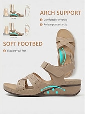 abordables Sandales Plates-Sandales compensées beiges pour femmes avec bride auto-agrippante et design découpé, chaussures à bout ouvert confortables pour la marche, les voyages d'été et les tenues décontractées au quotidien