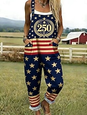  Amerykański Dzień Niepodległości damski kombinezon aktywny graficzny bez rękawów bez rękawów prosty kwadratowy dekolt patchworkowa kieszeń codzienna plaża luźny krój niebieski czerwony lato