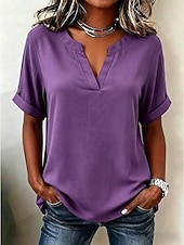 abordables Blusas Sencillas-Mujer Blusa Color sólido Vintage Elegante Básico Manga Corta Escote en Pico Tops regulares Casual Diario Blanco Rosa Rojo Morado Verano Primavera