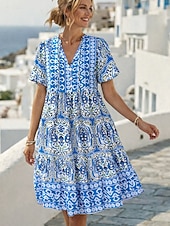 Χαμηλού Κόστους Boho Φόρεμα-Γυναικεία Φόρεμα μέχρι το γόνατο Φόρεμα Boho Φόρεμα πουκαμίσα Κομψό Βοημία Etnic Παραλία Αργίες Χαλαρή Εφαρμογή Γραφική Γεωμετρικό Κοντομάνικο Όρθιος Γιακάς Θαλασσί Ανθισμένο Ροζ Πορτοκαλί