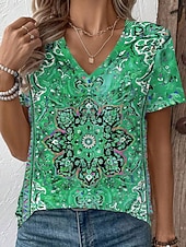tanie T-shirt boho-Damskie Podkoszulek Nadruk Graficzny Plemienny Elegancki Klasyczny Codzienny Krótki rękaw W serek Zwykłe topy Codzienny Czerwony Fioletowy Zielony Lato Wiosna