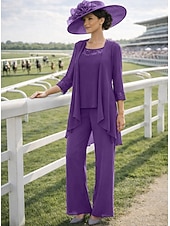 preiswerte Hosenanzüge für Mama-Dreiteilig Bodenlang Brautmutterkleid Langarm Rundhalsausschnitt Elegant Vintage Formell Hochzeitsgast Formeller Abend Spandex mit Einfarbig