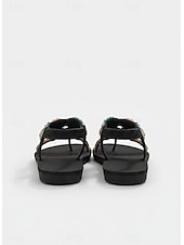baratos Sandálias Planas-Sandálias rasteiras femininas pretas estilo boêmio com aplicações de miçangas multicoloridas – calçado étnico floral com tira em T, ideal para férias em destinos tropicais e viagens à praia.