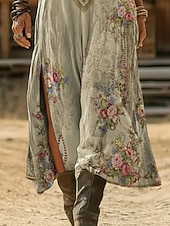 preiswerte Ethnisches Boho-Kleid-Damen Maxikleid Boho-Kleid Freizeitkleid A Linie Kleid Druckkleid Vintage Outdoor Urlaub Wochenende Normale Passform Blumen Grafik Kurzarm V Ausschnitt Blau Dunkelgrün Violett Grün Sommer Frühling
