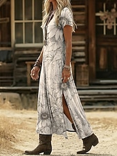  Damen Midikleid Boho-Kleid Freizeitkleid A Linie Kleid Druckkleid Vintage Outdoor Urlaub Wochenende Normale Passform Grafik Gänseblümchen Kurzarm V Ausschnitt Grau Sommer Frühling
