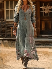  女性用 マキシドレス サンドレス サマードレス 旅行度假风 カジュアル ボヘミアン 日常 ルーズフィット グラフィック カラーブロック エスニック 長袖 Ｖネック ピンク オレンジ グリーン ライトオレンジ 夏 春