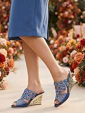 abordables Sandalias de cuña-Sandalias de cuña azules adornadas para mujer, zapatos elegantes sin cordones con punta abierta para la madre de la novia, boda en el jardín &amp;eventos formales
