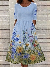economico Abiti casual floreali-Per donna Abito Midi Abito a Tubino Vacanza Casual Boho Quotidiano Abito Estivo Abito Primaverile Vestibilità regolare Floreale Grafico Manica Corta Girocollo Giallo Verde chiaro Rosa Azzurro cielo