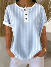 billige Stripe og geometrisk t-skjorte-Dame Waffle Teksturert Strikket Tops T Skjorte Fargeblokk Grafisk Geometri Stilig Klassisk Kortermet Crew Hals Rund Hals Henley Lange Tops Daglig Sport Blå Hvit Sommer Vår