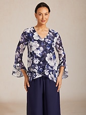 voordelige Bloemen Blouses-Dames Boho-shirt Blouse Ruche Bloemig Grafisch Paisley Vintage Stijlvol Casual 3/4 mouw V-hals Normale tops Dagelijks Werk Bruiloft gast Marineblauw Zomer Lente Herfst