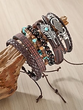 זול תכשיטים לגברים-סט צמידים בסגנון בוהמי לגברים, אורך מתכוונן בן 6 חלקים, סגסוגת, קליפת קוקוס &amp;חומר מעורב עץ, מושלם לחופשת חוף, ללבישה יומיומית קז'ואלית