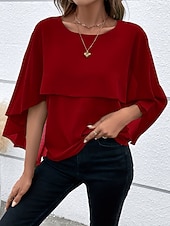 baratos Blusas Simples-Mulheres Blusa Franzido Côr Sólida à moda Básico Casual Manga 3/4 Gola Redonda Tops regulares Diário Azul Preto Rosa Vermelho Camelo Verão Primavera Outono