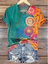 baratos T-shirt Boho-Mulheres Camiseta Imprimir Floral Gráfico Plantas Vintage à moda Clássico Manga Curta Decote V Tops longos Diário Final de semana Azul Laranja + Verde Branco Amarelo Rosa Verão Primavera