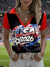  Women's T Shirt Color Block Print Graphic Stylish Classic Casual Short Sleeve Polo Collar Regular Tops Casual Daily Sports Blue Black Red Summer Spring