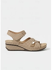 abordables Sandales Plates-Sandales compensées beiges pour femmes avec bride auto-agrippante et design découpé, chaussures à bout ouvert confortables pour la marche, les voyages d'été et les tenues décontractées au quotidien