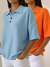 tanie Gładkie bluzki-Damskie Koszula waflowa Jednokolorowe Elegancja Aktywny Urlop Bez rękawów Rękaw 1/2 W serek Kołnierz polo Długie topy Codzienny Na zewnątrz Streetwear Niebieski / Czarny Biały + czarny Czerwony