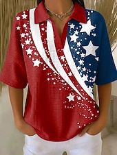  Amerikansk uavhengighetsdag Dame Vaffel T-skjorte Strukkede strikkede topper Grafisk Amerikansk flagg Elegant Årgang Stilfull Halvlange ermer Polokrage Vanlige topper Avslappet Daglig Blå Rød Sommer