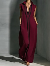 Недорогие Простое платье-Жен. Длинное платье Длинное платье Элегантный стиль Современное на открытом воздухе Отпуск На выход Свободное облегание Контрастных цветов Без рукавов Рубашечный воротник Черный Белый Винный Серый