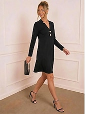 tanie mini czarna sukienka-Damskie Sukienka do kolan Czarna sukienka Sukienka koktajlowa Suknia Elegancja Moda Impreza Regularny Równina Długi rękaw W serek Czarny Lato Wiosna Zima Jesień