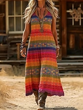 cheap Ethnic Boho Dress-Women's Maxi Dress Boho Dress Vintage Dress Casual Dress Vintage Holiday Loose Fit Boho Floral Graphic Sleeveless V Neck Blue Red Orange Summer Spring