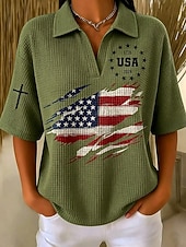  American Independence Day Women's Waffle T-shirt Textured Knit Tops Graphic American Flag Elegant Vintage Stylish Half Sleeve Polo Collar Regular Tops Casual Daily White Yellow Red Green Gray Summer