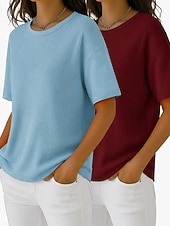  Wielopak 2 szt. damskich T-shirtów z waflowym wzorem, dzianinowe topy z waflowym wzorem, jednolity kolor, stylowy, podstawowy, klasyczny, krótki rękaw, okrągły dekolt, regularny top, swobodny, codzienny, plażowy, różowy + pomarańczowy