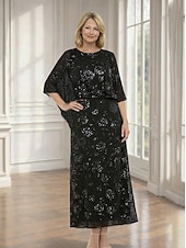 cheap Ankle Length-A-Line Dress Floor Length Ankle Length Cocktail Dress Wedding Guest Dress Mother of the Bride Dress Short Sleeve Half Sleeve Crew Neck Elegant Embellished Sparkle &amp; Shine Formal Chiffon Lace Shawls