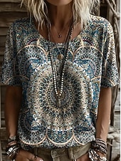 economico T-shirt Boho-Per donna Maglietta Stampato Floreale Grafico Geometrico Vintage Elegante Casual Manica Corta Girocollo Top lunghi Casuale Quotidiano Weekend Blu Rosa Viola chiaro Estate Primavera