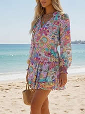 voordelige Casual bloemenjurken-Dames Mini-jurk Boho-jurk Modieus Modern Dagelijks Buiten Vakantie Normale pasvorm Bloemig Luipaard Geometrisch Lange mouw V-hals Paars Zomer Lente