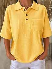 cheap Plain tee-Women's Waffle Shirt Summer Tops Pocket Buttons Solid Color Vintage Stylish Sleeveless Half Sleeve Polo Collar Regular Tops Casual Daily Outdoor Yellow Pink Red Green Summer Spring Fall