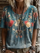 economico T-shirt Boho-Per donna Maglietta Stampato Floreale Grafico Geometrico Vintage Elegante Casual Manica Corta Scollo a V Top lunghi Casuale Quotidiano Weekend Blu Viola / Blu Nero Giallo Vino Estate Primavera