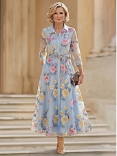 voordelige Enkel Lengte-A-lijn Jurken Tot de enkel Over de knie Bruiloft gast jurk Moeder van de bruid jurk 3/4 mouw Overhemdkraag Elegant Vintage Formeel Bruiloft gast Semi formeel Organza Jacquard met Strik(ken)