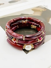 billige Damearmbånd-Bohemsk 3-delt armbåndssett i akryl for kvinner, elastiske, stabelbare armbånd, perfekt for strandferie, hverdagsbruk og sommertilbehør