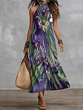 economico Abiti floreali-Per donna Abito maxi Vestito in Chiffon Vestito Casual Vestito a ruota Abiti Boho Chic Bohemien Vacanza Tropicale Spiaggia Ferie Data Vestibilità regolare Floreale Grafico Senza Maniche All'americana