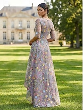 abordables Longueur de cheville-Ligne A Asymétrique Robe en Dentelle Robe de Mère de Mariée  Manche Courte Col en V Élégant ancien Formel Kentucky Derby Semi-Formel Chiffon Tulle avec Imprimé floral Fleurs 3D Noeud(s)