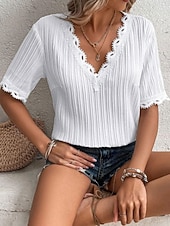  Per donna Maglietta Tinta unica Elegante Manica Corta Scollo a V Top Regolari Casuale Quotidiano Spiaggia Bianco Estate Primavera