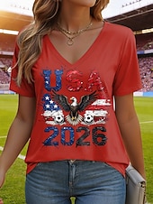  Mulheres Camiseta Imprimir Gráfico Time de futebol à moda Clássico Casual Manga Curta Decote V Tops regulares Diário Azul Preto Branco Vermelho Verde Verão Primavera